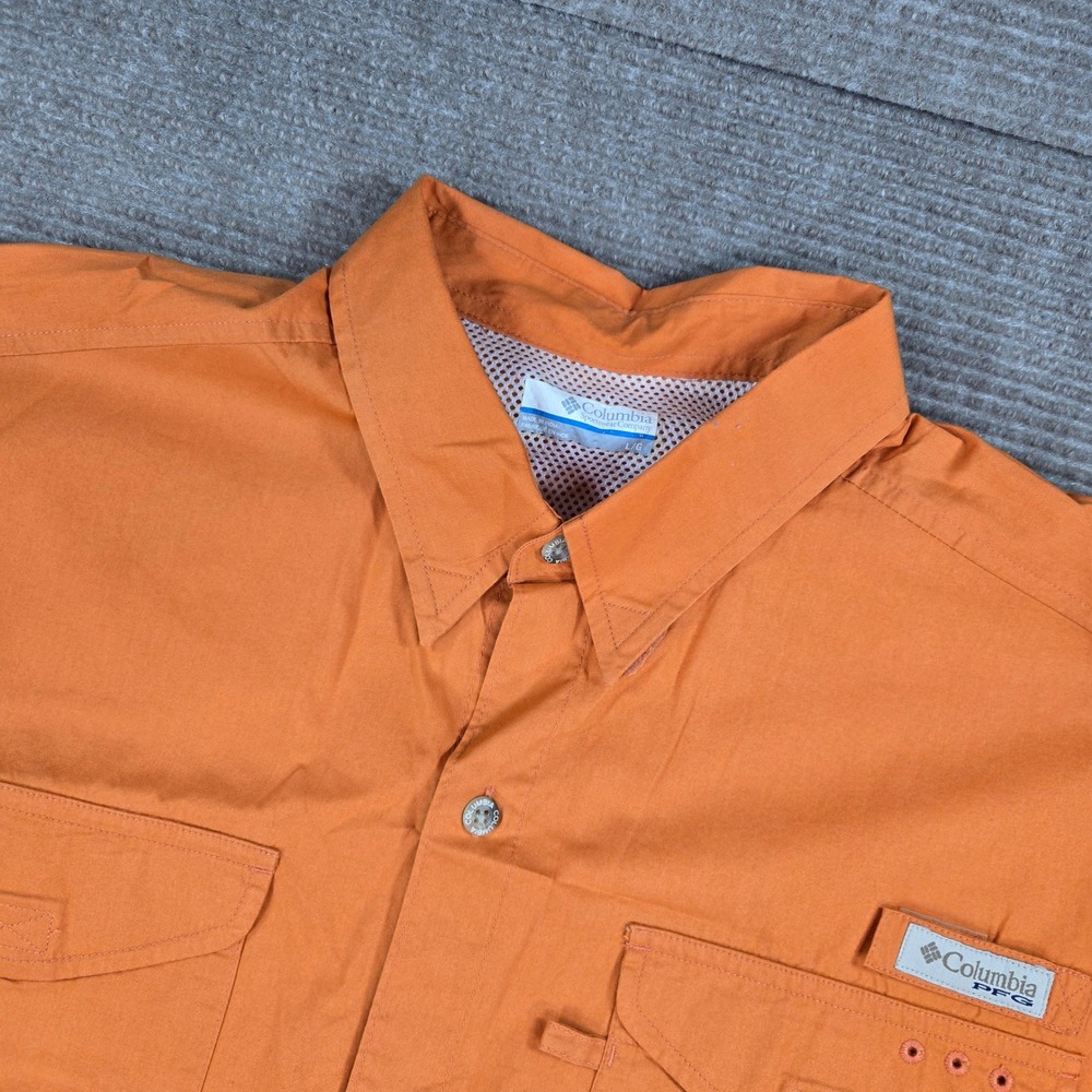 Columbia Men Large Orange PFG Bonehead Vented Short Sleeve Fishing Shirt FM7130